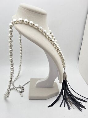 White House Black Market Glass Pearl & Leather Tassel Statement Necklace - 34"